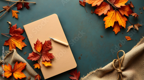 A beautiful autumn still life with fall leaves, a notepad, and a pen on a dark teal background.