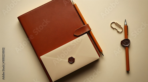 Top view of a leather journal, pencil, sealed envelope, paperclip, and pen on a light beige surface.