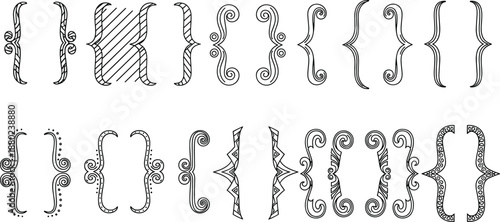 Set of decorative curly bracket ornaments and vintage calligraphic flourishes, hand drawn line art elements for invitation and creative graphic design projects