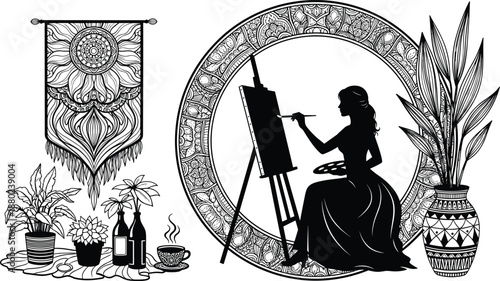 Silhouette of female artist painting on easel in bohemian studio, decorative mandala frame, houseplants, macrame wall hanging, creative lifestyle vector illustration