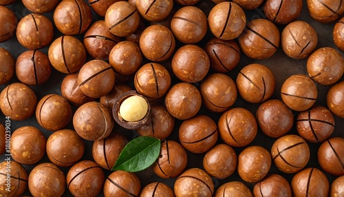 Top View of Whole Macadamia Nuts with One Cracked Open.