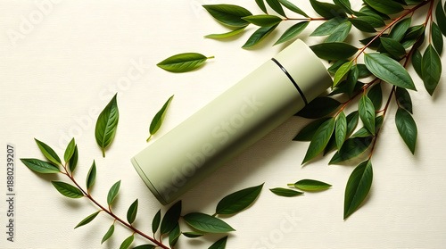 Aesthetic flat lay of a green thermos and vibrant leaves, minimalist composition.