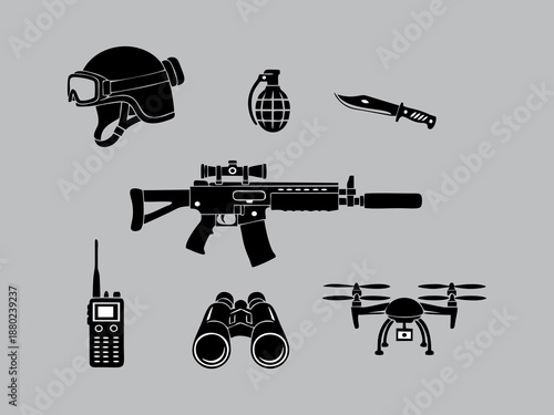 Military Tactical Gear and Warfare Equipment Black Silhouette Icon Set , game item concept design