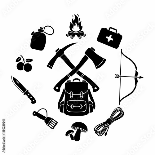 Survival Gear and Outdoor Adventure Black Silhouette Icon Set , game item concept design