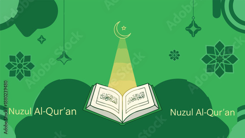 Green background with an open book and crescent moon