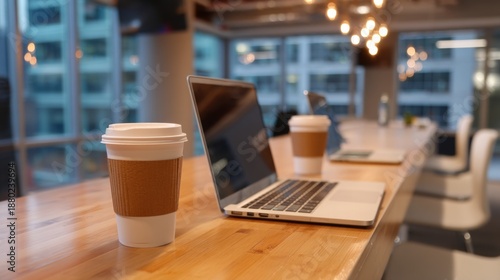 Calm Shared Workspace with Laptops and Coffee Cups in a Modern Office Setting