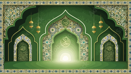 Green mosque interior with ornate arches and lanterns