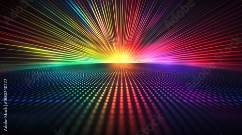 Laser interference effects create spectacular rainbow light burst radiating from central point across dotted grid surface with vibrant spectrum beams