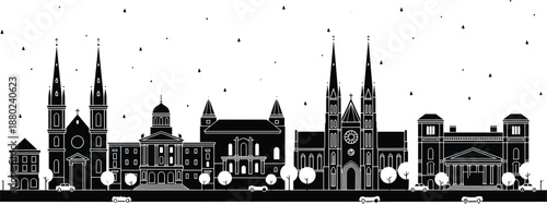 Historic European city skyline silhouette with cathedrals and classical architecture, black and white urban landscape vector, old town landmark buildings design illustration
