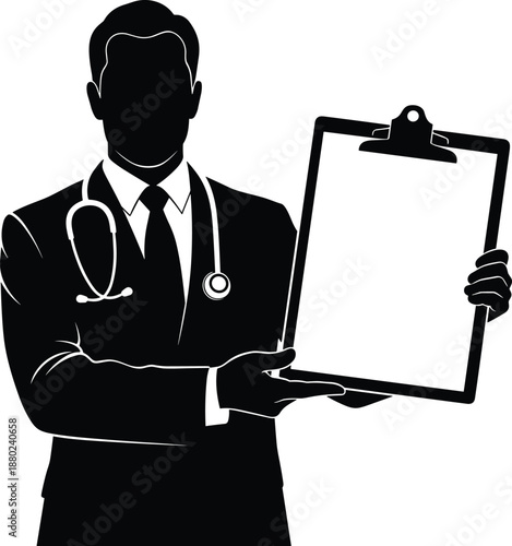 Male doctor silhouette in professional suit holding blank clipboard for medical results or hospital announcement, healthcare consultant with stethoscope providing expert care