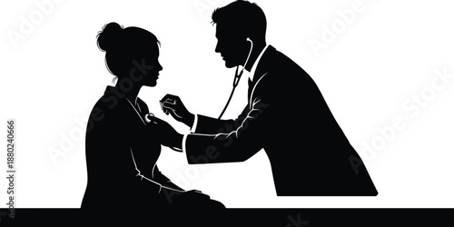 Male doctor silhouette using stethoscope to examine female patient heartbeat, medical checkup, healthcare consultation, professional clinical diagnosis, heart health monitoring, cardiology exam