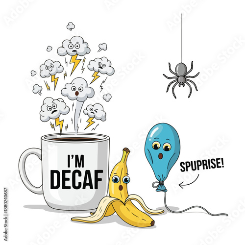 Humorous cartoon illustration of a decaf coffee mug with stormy clouds, a shocked banana, a surprised balloon, and a spider