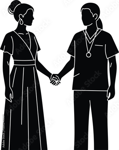 Professional healthcare professional in scrubs shaking hands with elegant woman in long dress, medical consultation, patient partnership, trust and support, caregiver connection