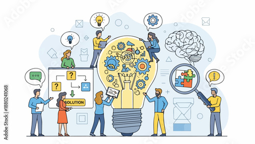 Illustration of people around a large lightbulb with ideas