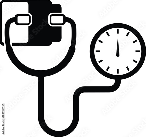 sphygmomanometer, stethoscope, cuff, gauge, needle, medical, healthcare, diagnostic, pressure, monitor, tool, equipment, reading, black, icon, illustration, cardiovascular, checkup, device, clinic, ho