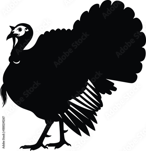 Turkey bird silhouette with large fan tail, traditional poultry animal icon for Thanksgiving, farm livestock character isolated on white background, vector illustration