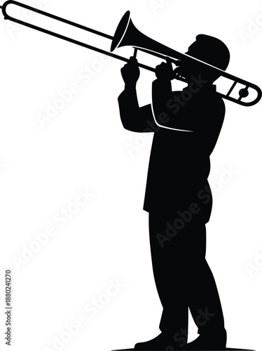 trombone, musician, silhouette, black, brass, instrument, music, performance, standing, posture, hands, play, sound, artistic, expressive, action, slide, bell, figure, concert, entertainment, talent