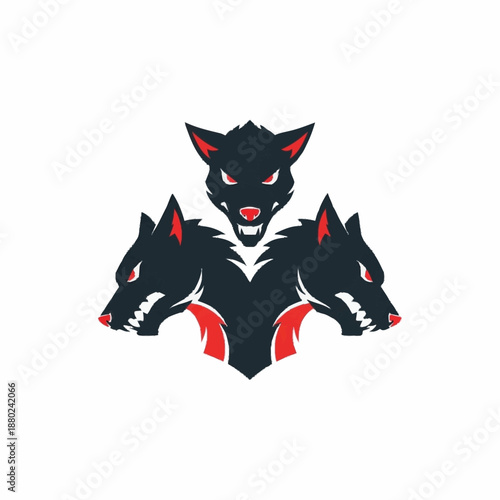 Three-headed wolf mascot logo design with aggressive expression.