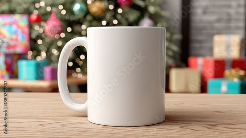 Wallpaper Mural Blank White Mug Mockup on Wooden Table with Christmas Tree and Gift Boxes Background Torontodigital.ca