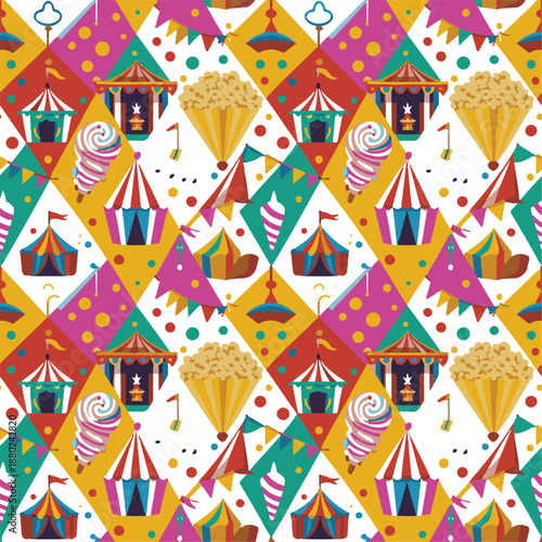 Carnival seamless pattern with circus tents popcorn and cotton candy on colorful diamond background