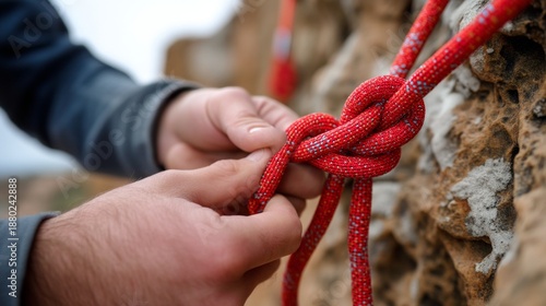 Detailed Close-Up of Climbing Rope Knoting Technique for Safe Rock Climbing Practice