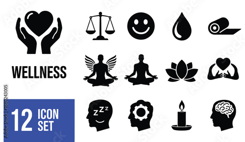minimal wellness icon set for health mindfulness self care mental peace physical balance and emotional wellbeing modern flat vector design.