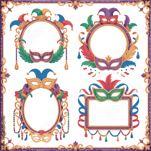 Decorative carnival frames with masquerade masks colorful feathers beads and ornate golden borders