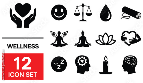 minimal wellness icon set for health mindfulness self care mental peace physical balance and emotional wellbeing modern flat vector design.