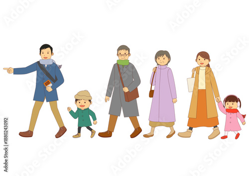 観光をする冬服の家族のイラストのセット_主線あり