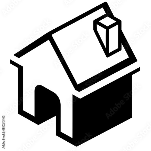 Minimal black and white isometric house illustration in flat vector style, abstract residential building icon isolated on a clean white background.