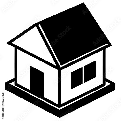 Minimal black and white isometric house illustration in flat vector style, abstract residential building icon isolated on a clean white background.