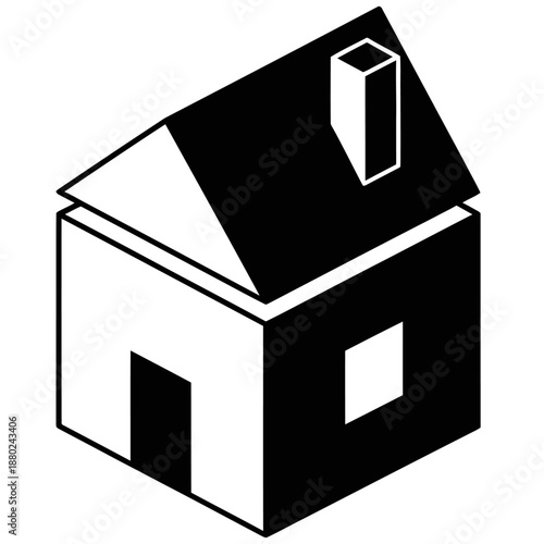 Minimal black and white isometric house illustration in flat vector style, abstract residential building icon isolated on a clean white background.