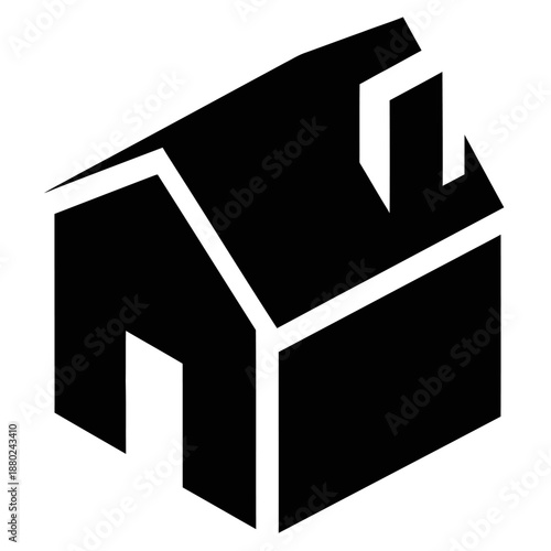 Minimal black and white isometric house illustration in flat vector style, abstract residential building icon isolated on a clean white background.