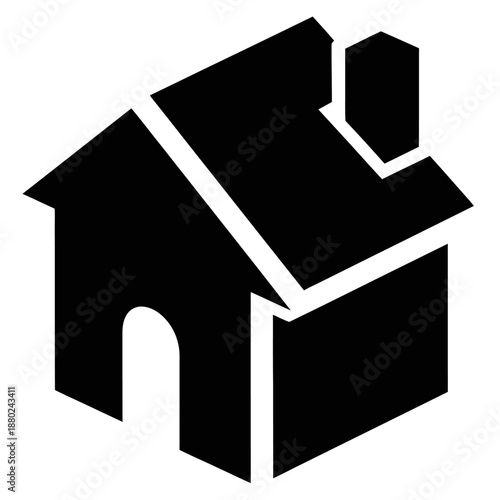 Minimal black and white isometric house illustration in flat vector style, abstract residential building icon isolated on a clean white background.