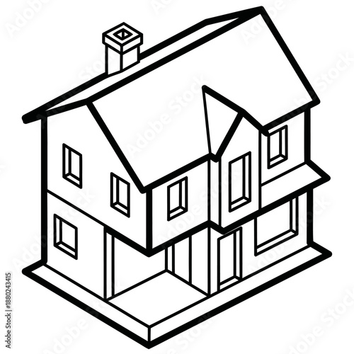 Minimal black and white isometric house illustration in flat vector style, abstract residential building icon isolated on a clean white background.
