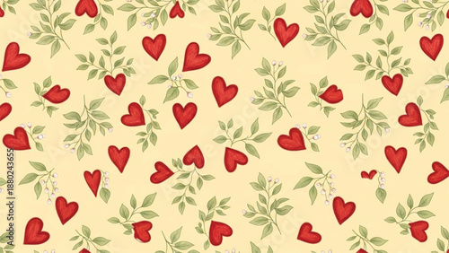 Seamless Watercolor Valentine Pattern with Red Hearts and Green Leaves
