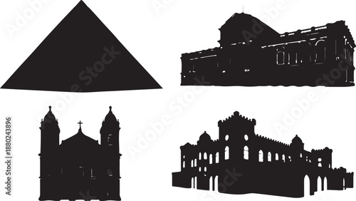World landmarks silhouettes featuring pyramid and historic european architecture for travel concept