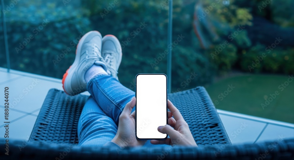 Fototapeta premium Woman Relaxing on Balcony with Mobile Phone: Leisure, Connectivity, and Modern Lifestyle Concept
