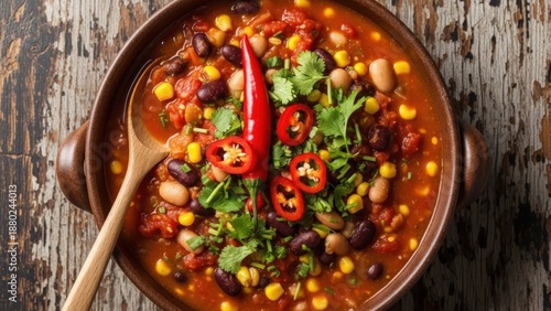 Close-up of a rustic bowl of vibrant chili with mixed beans, corn, fresh herbs, and red peppers