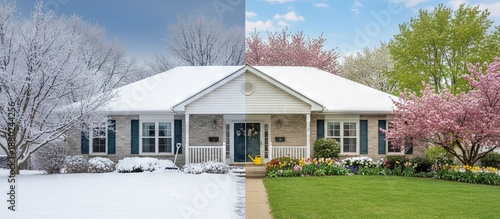 Suburban house exterior split in half. On one side is winter. On the other is spring