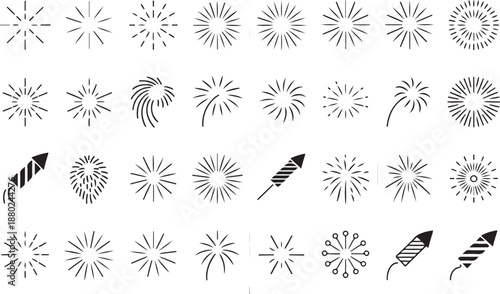 Firework celebration icons set with various explosion shapes rockets and starburst line art styles