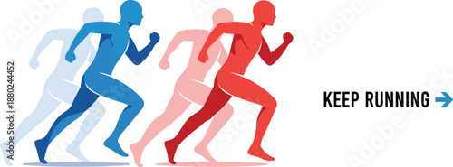 Abstract vector illustration of athletic male runners in blue and red silhouettes symbolizing speed, endurance, persistence, fitness, and constant progress.