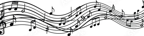 Abstract musical wave vector illustration with black notes on flowing staff lines isolated on white background for creative melody design and artistic composition.