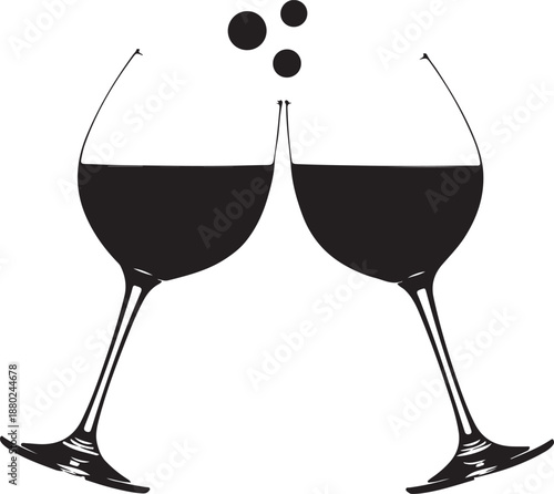 Two wine glasses clinking together in celebration toast silhouette for festive event or anniversary