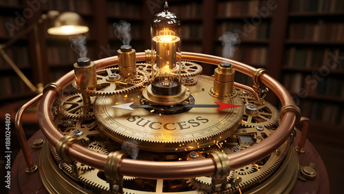 Intricate steampunk machine with SUCCESS gear and glowing light bulb