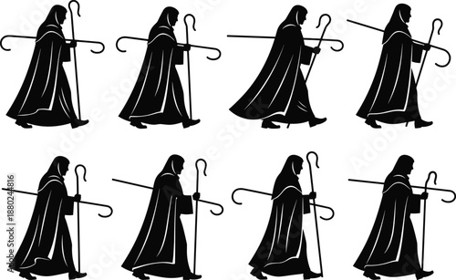 Biblical shepherd silhouette walking with staff, religious robe figure poses set, Christian symbolism, black vector illustration isolated background