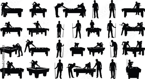 Billiards pool players silhouettes set, cue sports actions and poses, snooker table gameplay black vector illustration collection