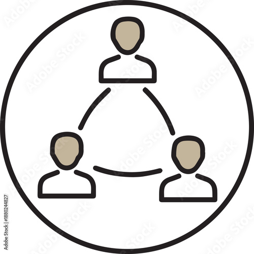 Tableau sur toile A minimalist circular icon containing three stylized human figures connected by thin curved lines in a triangular formation, representing social networking and team collaboration