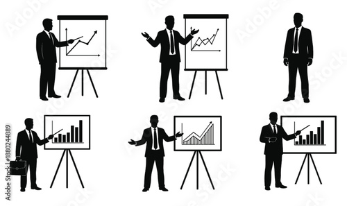 Business presentation silhouette set showing charts and growth graphs, corporate analytics and financial reporting concept illustration isolated white background