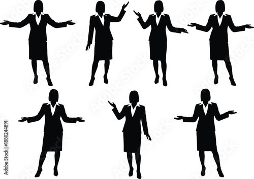 Businesswoman silhouette set presenting and gesturing confidently, professional female leader poses, corporate communication concept, black vector illustration isolated